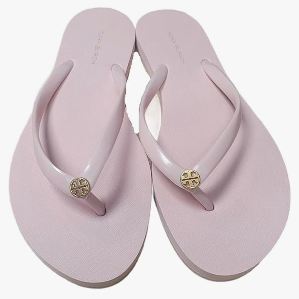 NWT Tory Burch pink flip flops with gold logos size 11